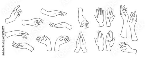 Set outline woman hands. Collection of different elegant gestures. Line art for logo design, trendy minimal style.
