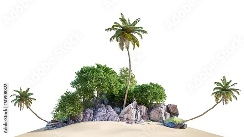 Tropical tree with beach or oasis footage, animation group of tree on white background with alpha, 3d illustration rendering