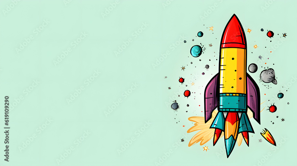 Back to school theme with hand drawn rocket and colored pencils Back to school theme with hand drawn rocket and colored pencils