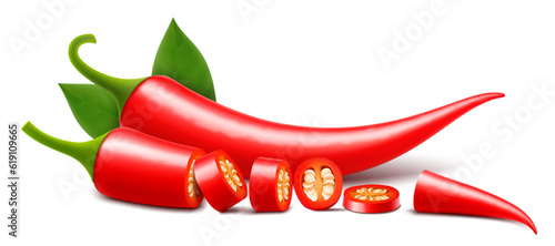 Two Red chili peppers with sliced isolated on white background. Hot pepper. Cayenne pepper. Pieces with seeds, circles, chopped pepper with seeds. Realistic 3d vector illustration