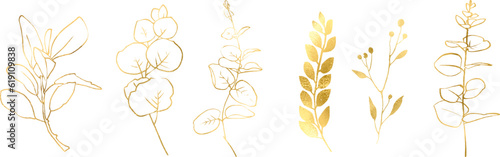 Botanical line art silhouette golden leaves, Golden Linear floral Leaves Set. Vector Gold luxury line collection. Hand drawn vector illustration in linear style, graphic clipart for wedding invitation