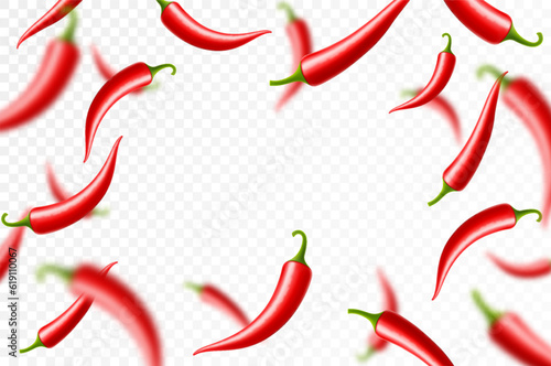 Flying or falling chili pepper isolated on transparent background. selective focus. Can be used for advertising, packaging, banner, poster, print. Realistic 3d vector design