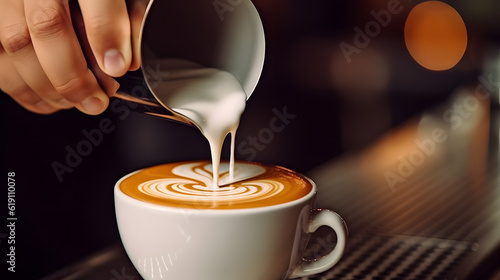Barista pouring milk into a cup of latte art coffee. A coffee cup in a close up, held by a baristas hand and pouring coffee