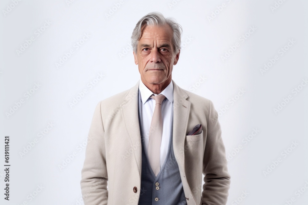Focused elderly male businesperson wearing suit looking at camera on white background. Generative AI Focused elderly male businesperson wearing suit looking at camera on white background. Generative AI