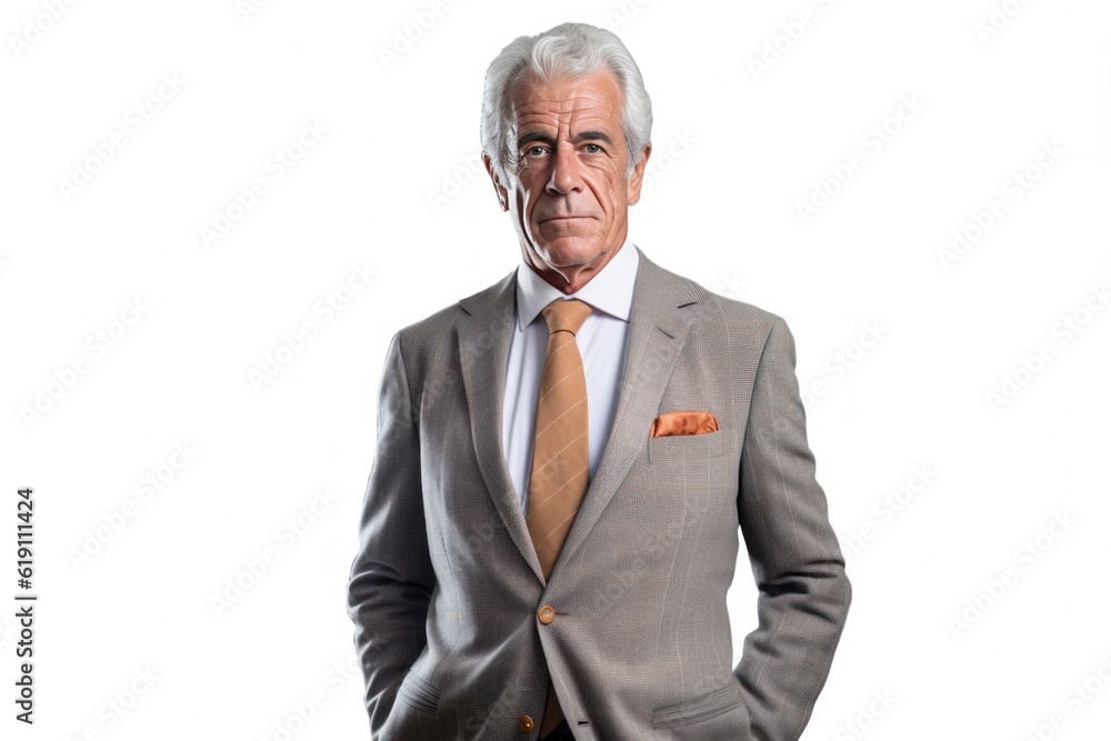 Elderly businessman in suit got hands in pockets looking at camera on white backdrop. Generative AI Elderly businessman in suit got hands in pockets looking at camera on white backdrop. Generative AI