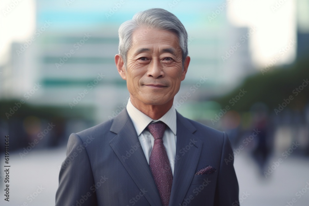 Asian elderly businessman politician on city street during business travel, headshot. Generative AI Asian elderly businessman politician on city street during business travel, headshot. Generative AI