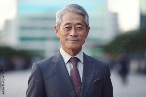Asian elderly businessman politician on city street during business travel, headshot. Generative AI