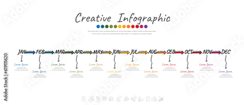 Timeline hand drawn  for 1 year, 12 months, infographics all month planner design and Presentation business. Doodle infographic vector.