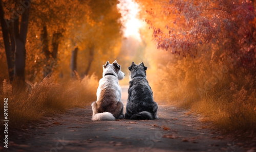 zwei Hunde sitzen im Herbstwald, generative AI