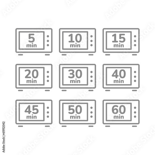 Cooking time line vector icons. Microwave for 5, 10 minutes line icon set.