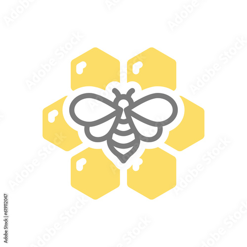 Honeycomb and bee colorful vector icon. Hexagon honey cell or comb and honeybee symbol.