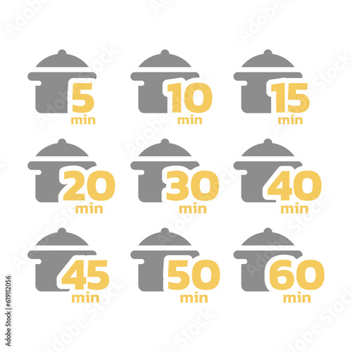 Cooking time and pot icon set. Cook for 5, 10 minutes vector icons.