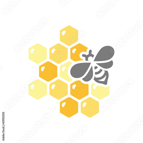 Honeycomb and bee colorful vector icon. Hexagon honey cell or comb and honeybee symbol.