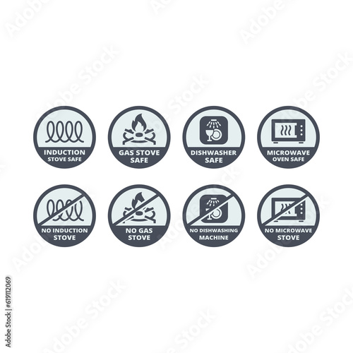 Induction and gas stove safe vector label set. Dishwasher and microwave safe icon set.