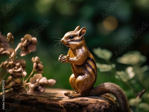 A statue of a squirrel sitting on a tree stump. Generative AI image. © Alexandr