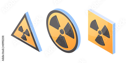 Ionizing radiation 3d signs in flat style, vector