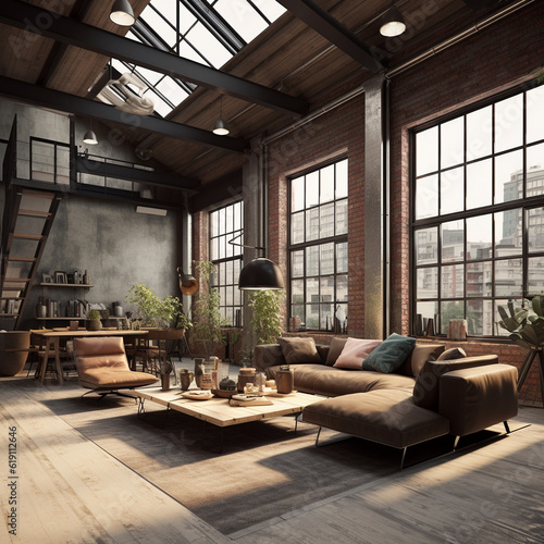 Living room in loft style interior with panoramic windows and indoor plants