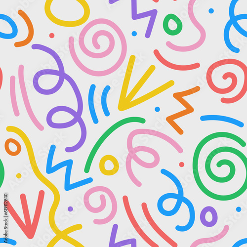 Wavy shapes and swirling strokes. Vector seamless pattern. Attractive multi-colored design, children's doodle lines, suitable for general background illustrations.