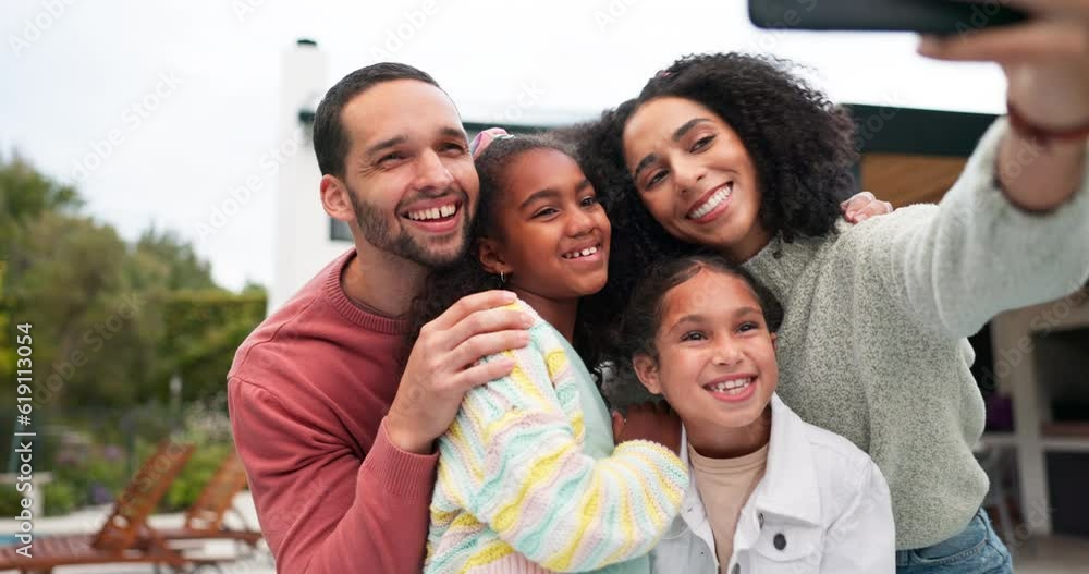 Selfie, family and children outdoor with a smile, love and care in home backyard. Young latino woman and man or parents with happy kids for a profile picture, social media or memory on holiday Selfie, family and children outdoor with a smile, love and care in home backyard. Young latino woman and man or parents with happy kids for a profile picture, social media or memory on holiday
