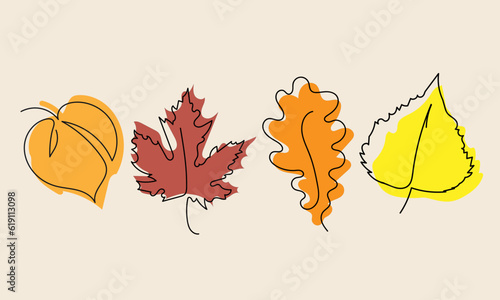 Multicoloured leaves in a modern minimal linear art style .Multicoloured leaf silhouettes . Botanical foliage elements to decorate designs