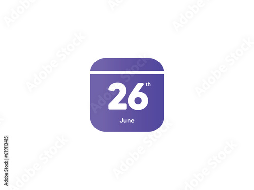 26th June calendar date month icon with gradient color, flat design style vector illustration