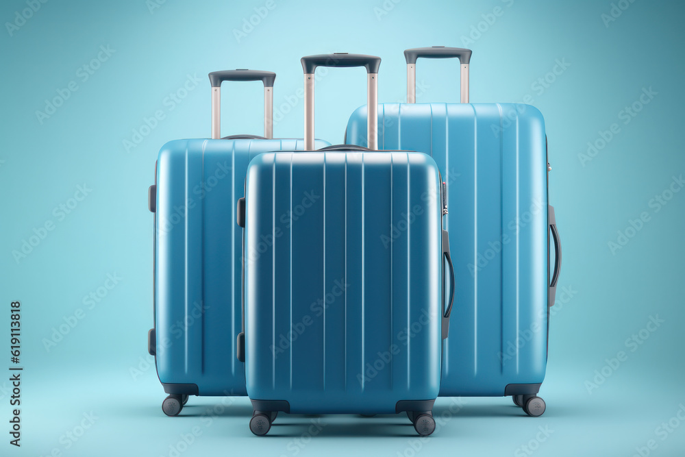 Three Blue Polycarbonate Travel Suitcases on Wheels on Blue Background. Generative AI. Three Blue Polycarbonate Travel Suitcases on Wheels on Blue Background. Generative AI.