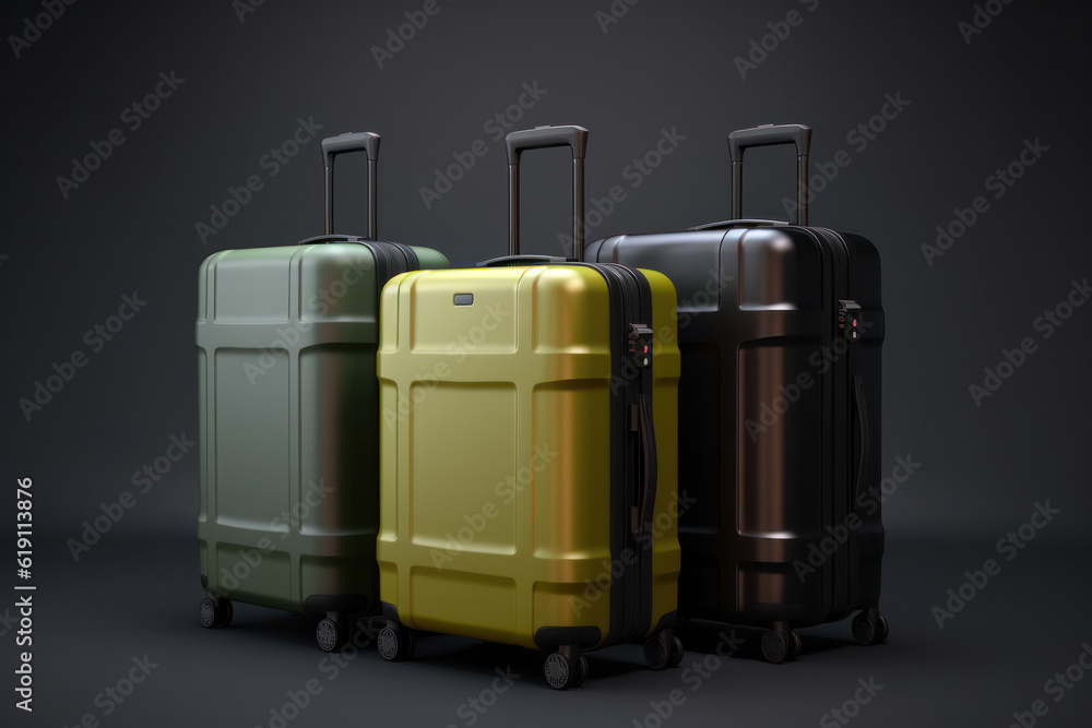 Three Wheeled Large Suitcases in Dark Grey Room. Advertisement Banner For Air Travels. Generative AI Three Wheeled Large Suitcases in Dark Grey Room. Advertisement Banner For Air Travels. Generative AI