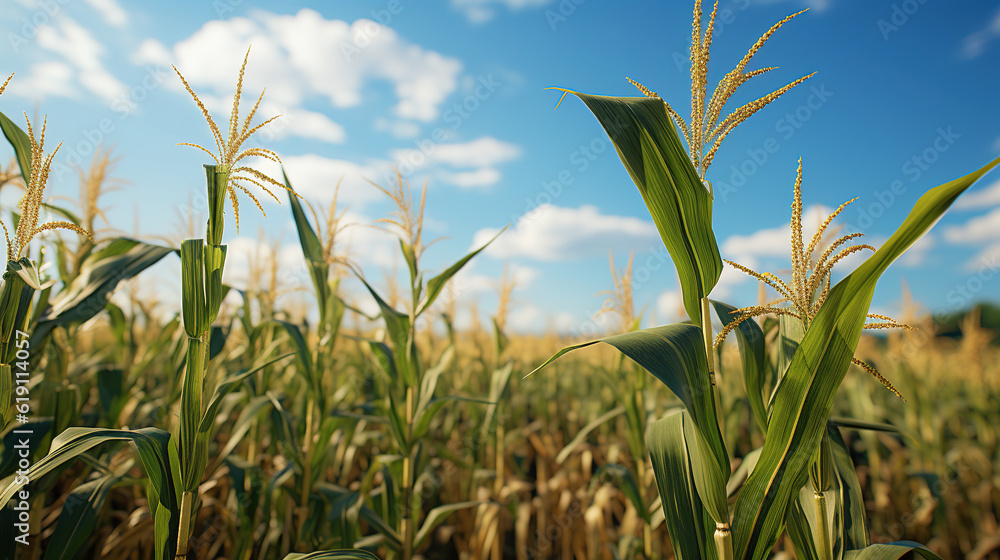 Green corn field with corn cobs, created with Generative AI Green corn field with corn cobs, created with Generative AI