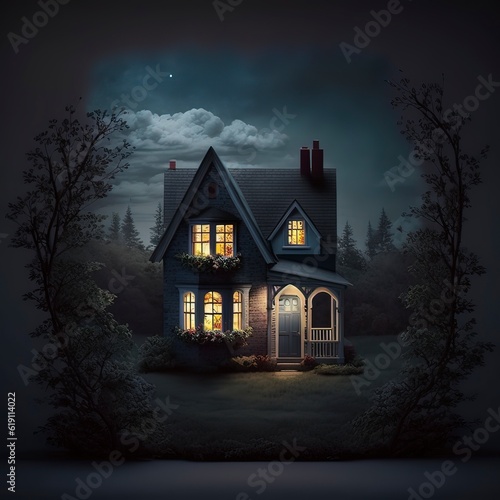 A dream house lit up window and a dark background. Generative ai.