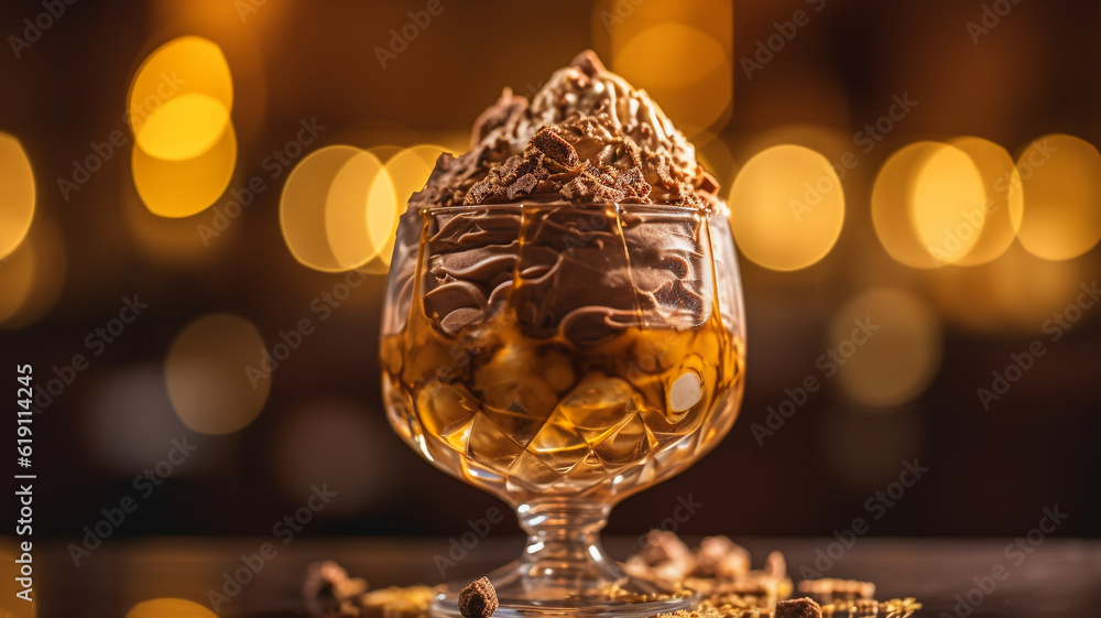 Delicious chocolate dessert on a luxurious, extravagant golden background. Created with Generative AI.