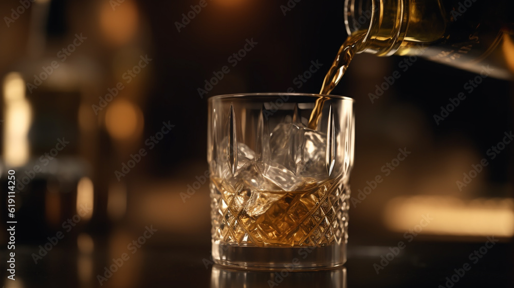 Drink being poured into a glass on a golden background. Created with Generative AI.