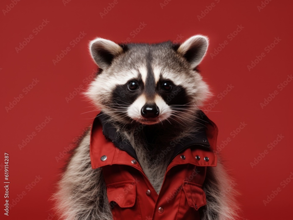 A raccoon in a red jacket on a red background. Generative AI image.