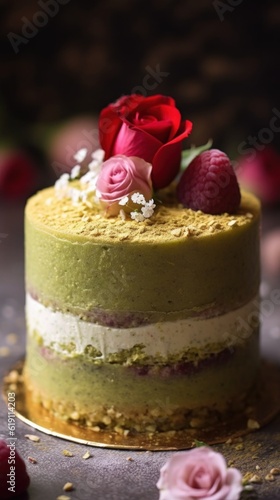 A close up of a green matcha tea cake with raspberries on top. Generative AI image.
