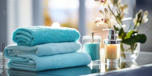 Blue towels with lotion and soap laying on a countertop