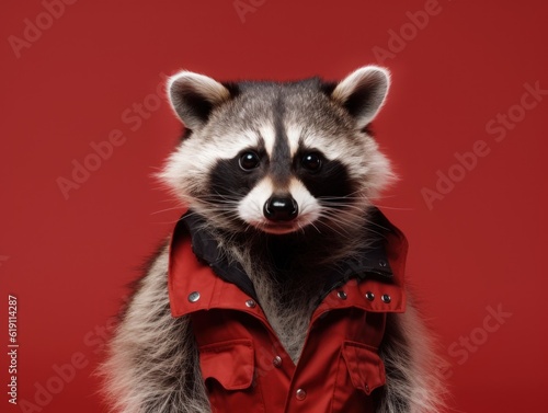A raccoon in a red jacket on a red background. Generative AI image.