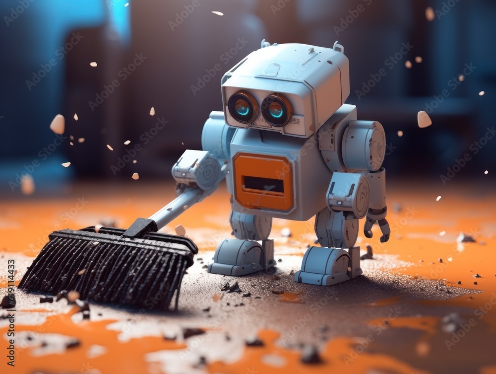 A robot with a broom on a dirty floor. Generative AI image. A robot with a broom on a dirty floor. Generative AI image.