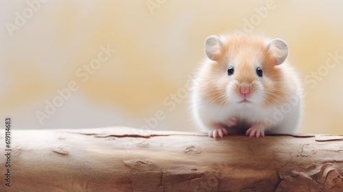 A hamster sitting on top of a piece of wood. Generative AI image.