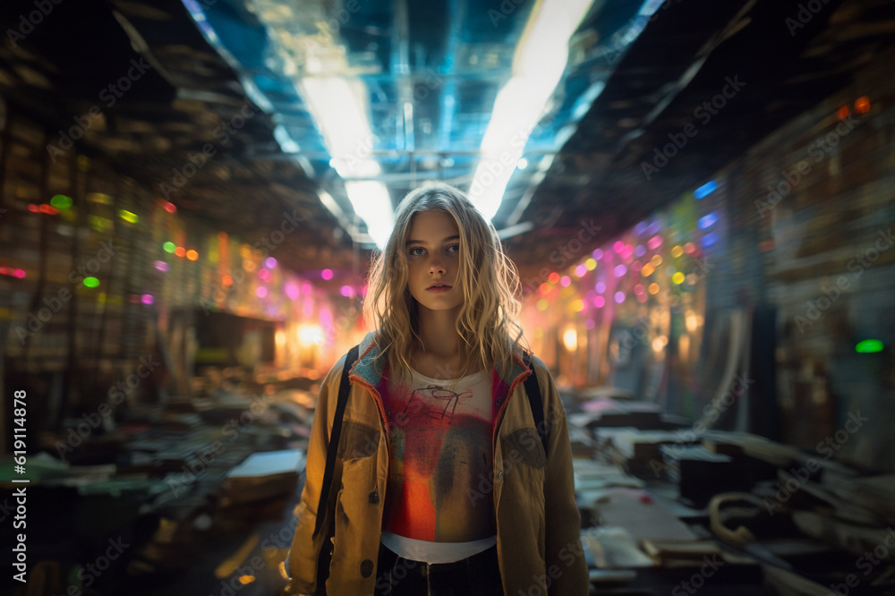 Fototapeta premium Schönes Gesicht einer Frau in Blaulicht Neon Porträt, ai generativ