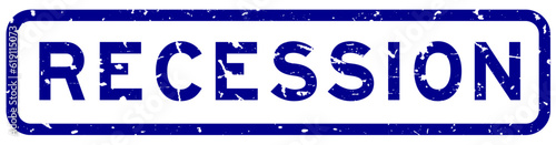Grunge blue recession word square rubber seal stamp on white background