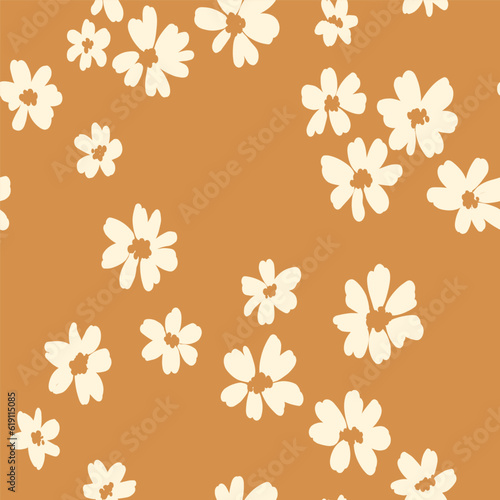 Seamless floral pattern, liberty ditsy print with simple daisy buds. Cute botanical design with tiny hand drawn plants: small white flowers on a natural background. Vector illustration.