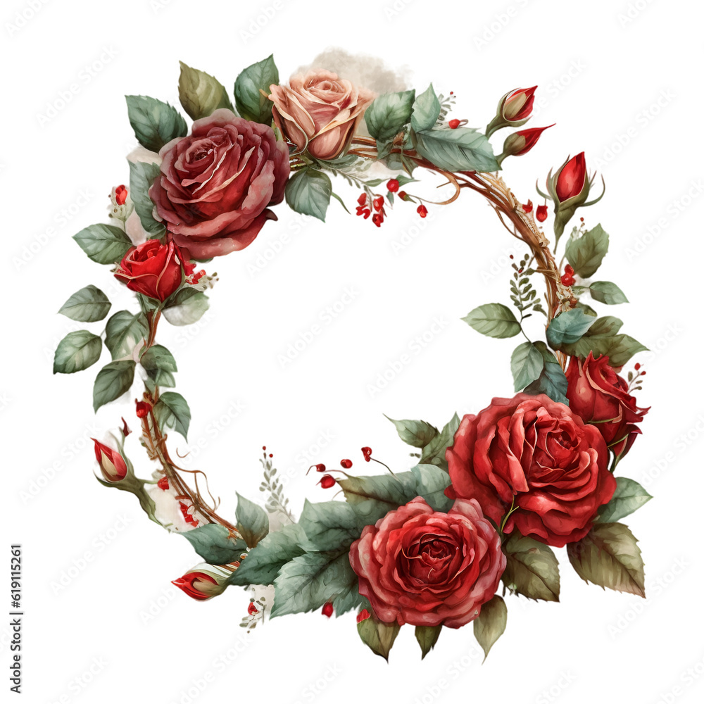Watercolor wreath with red roses illustration Generative AI, png image ...