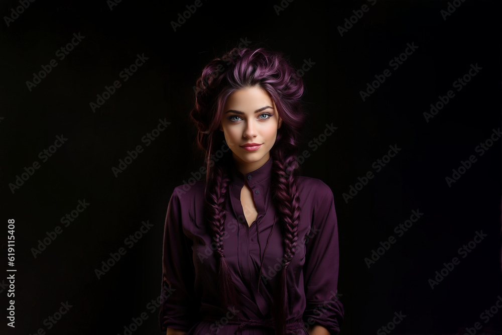 Hübsches Frauen Gesicht mit Lila Haaren und Outfit im dunklen Licht Porträt, ai generativ Hübsches Frauen Gesicht mit Lila Haaren und Outfit im dunklen Licht Porträt, ai generativ
