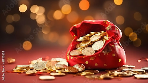 Chinese new year decorations made from red packet and gold ingots or golden lump. Chinese characters on the object means to fortune, good luck, wealth, and money flow