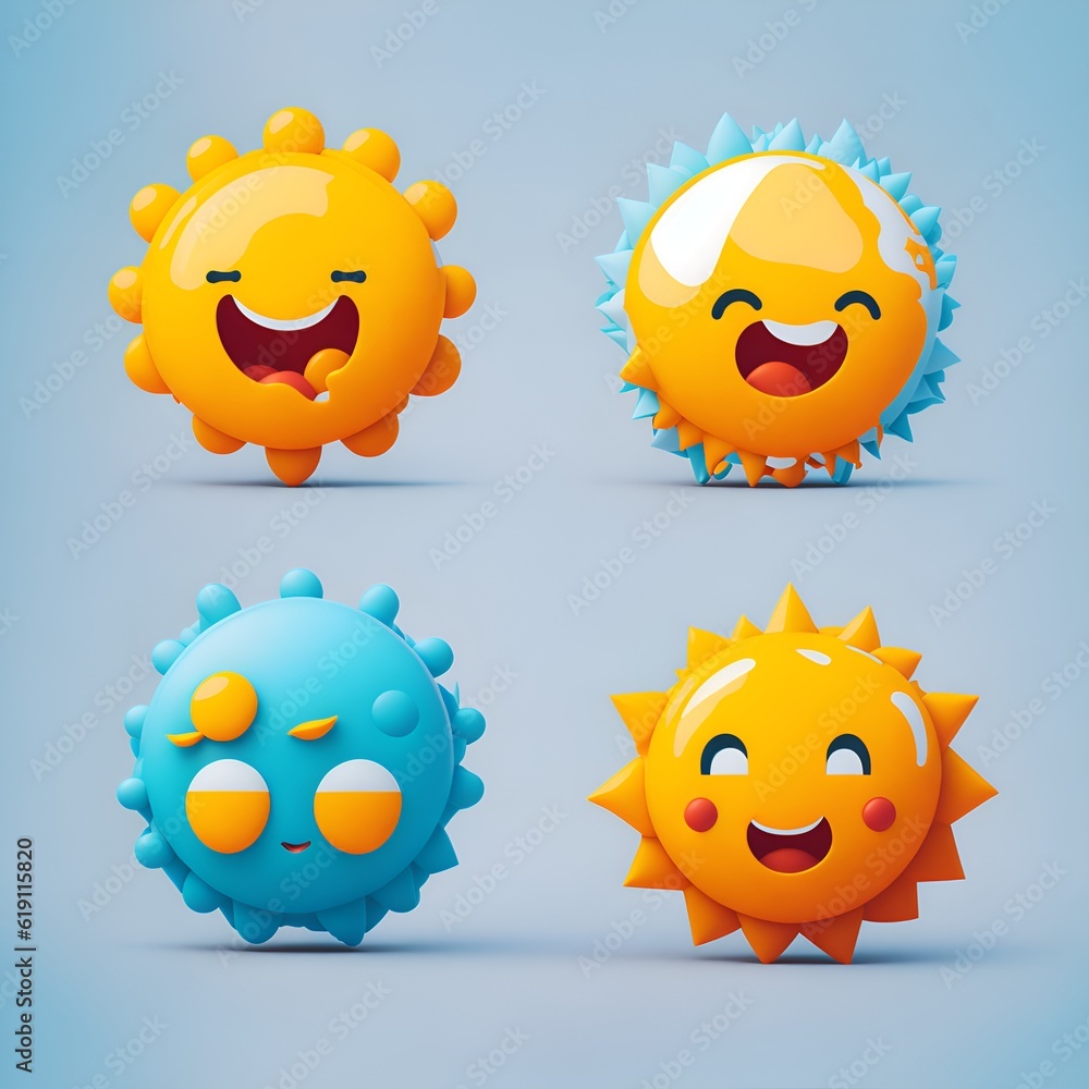 Photo of Four cute and playful cartoon sunflowers with different expressions on a sunny day Photo of Four cute and playful cartoon sunflowers with different expressions on a sunny day