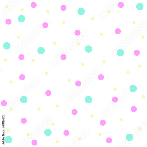 Background with green, pink and yellow circles on a transparent and white background. Festive vector illustration of colorful polka dots in a flat style. Falling confetti.