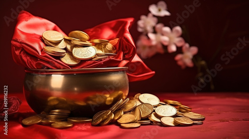 Chinese new year decorations made from red packet and gold ingots or golden lump. Chinese characters on the object means to fortune, good luck, wealth, and money flow photo