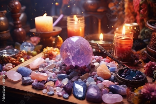 Beautiful esoteric and mystical altar for meditation with crystals and semi-precious stones, Zen Temple. Generative AI.