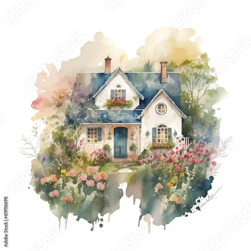 Watercolor cute house with flowers illustration Generative AI, png image.