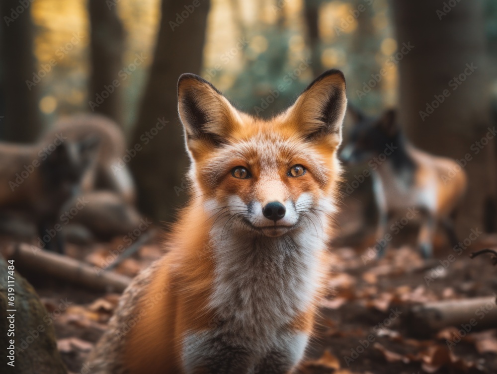 A close up of a fox in a forest. Generative AI image. A close up of a fox in a forest. Generative AI image.