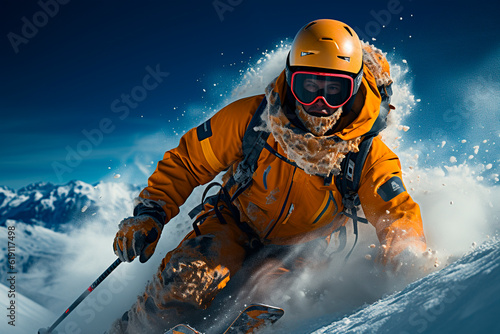 Skier in helmet and goggles skiing downhill in high mountains during sunny day.generative ai